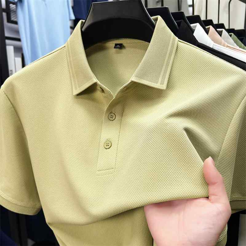 Shirts - メンズ ポロシャツ 短袖 抗菌 接触冷感 夏用 高級感 スタンドカラー ビジネス 休闲 トップス 透気性 コットン 真丝 素材 白色 杏色 柠檬黄 豆緑 橄榄緑 宝藍 黒 粉色 条纹 刺繍 薄手 ゆったり シルエット 通勤 普段使い 机洗い 可