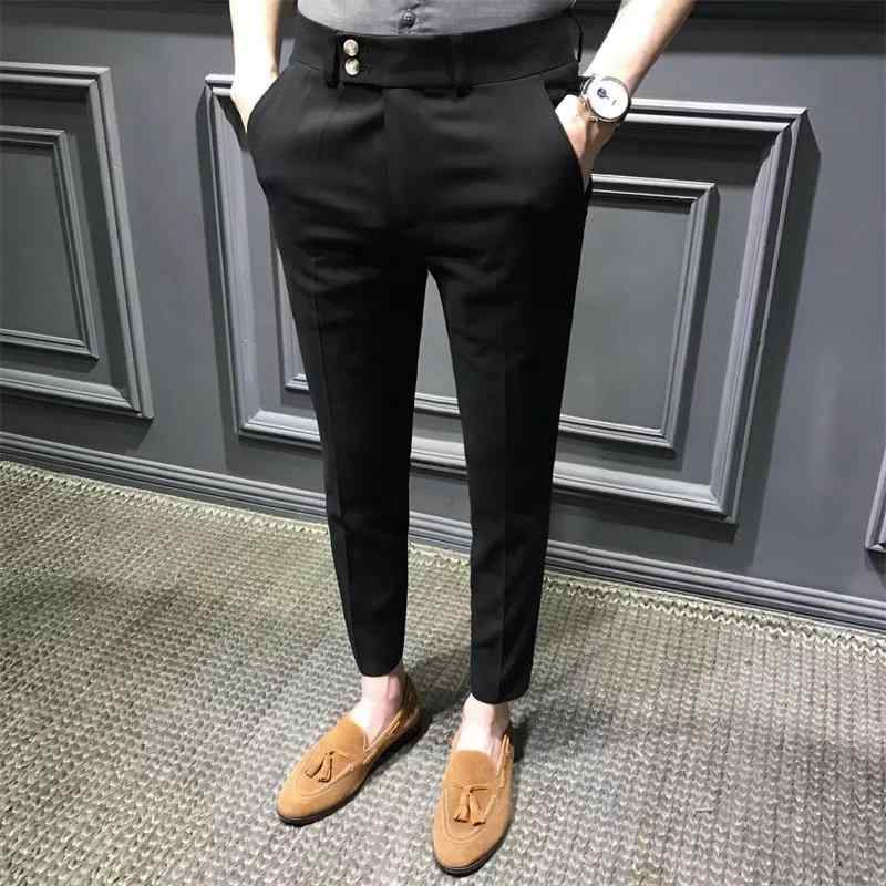 メンズ 西装パンツ スラックス 細身 九分丈 ビジネス 軽量 ポリエステル 混紡 直筒型 微弾力 免烫 紐扣 白色 黒 緑 休闲 通勤 青少年 春季 秋季