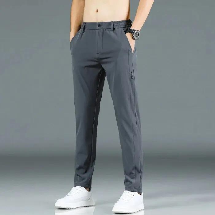 Pants - メンズ 長ズボン ビジネス 直筒 夏用 薄手 化繊 混紡 ポリエステル 透気性 修身 高腰 微弾力 免烫 垂感 黒 グレー 緑 長筒 直筒型 ニュートラルカラー ビジネス通勤 青年向け 休闲 純色 薄型 長丈 ボタン開襟 ノーベルト 軽量 快適 スタイリ
