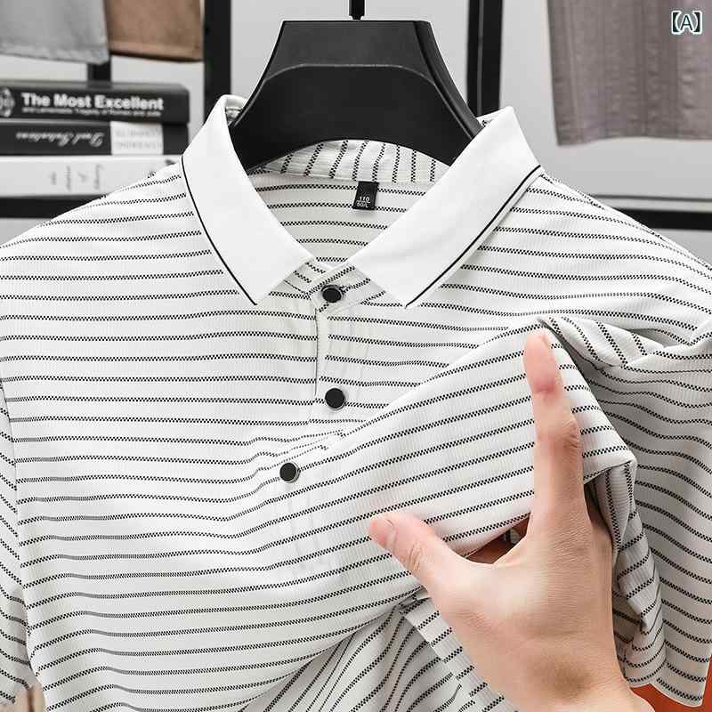 ・カテゴリ: POLOシャツ・スタイル: 中老年・袖丈: 短袖・版型: 宽松型・柄: 条纹・特殊加工: 印花/印染・厚み: 薄款・主な素材: 聚酯纤维（涤纶）81%-90%・使用シーン: 日常・服装詳細: 开衩・素材機能: 透气,可机洗,耐磨,高弹,防污,吸湿排汗,色牢度高・カラー展開: 白色,粉色,驼色,绿色,黒色・サイズ展開: M,L,XL,XXL,XXXL,XXXXL