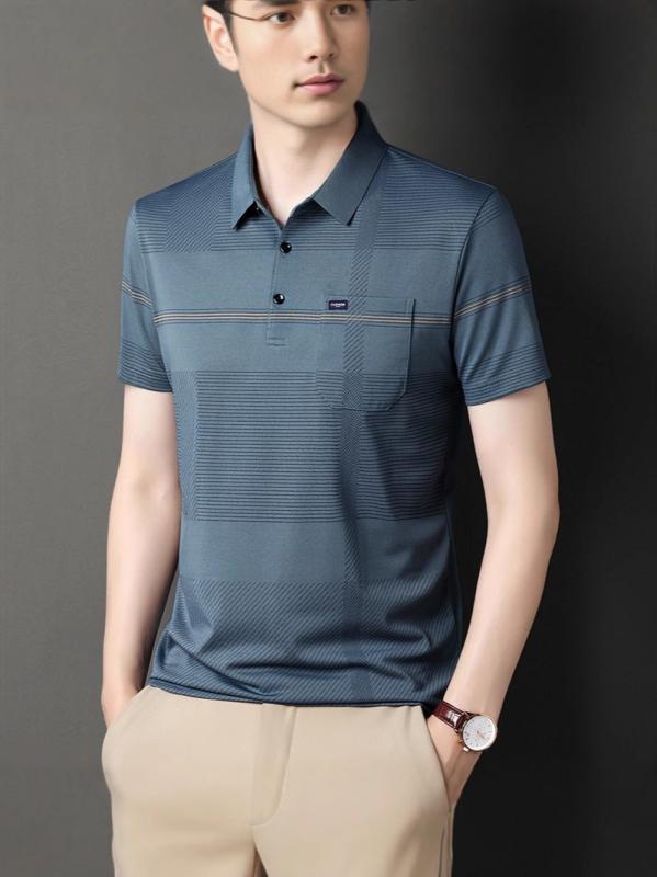 Shirts - メンズ ポロシャツ 短袖 綿混 ポリエステル 軽熟 休闲 合体型 条纹 印花 普通厚 夏用 ビジネス 紳士 35歳以上 日常 洗濯機可 免アイロン 伸縮性 ブルー ピンク グリーン ネイビー
