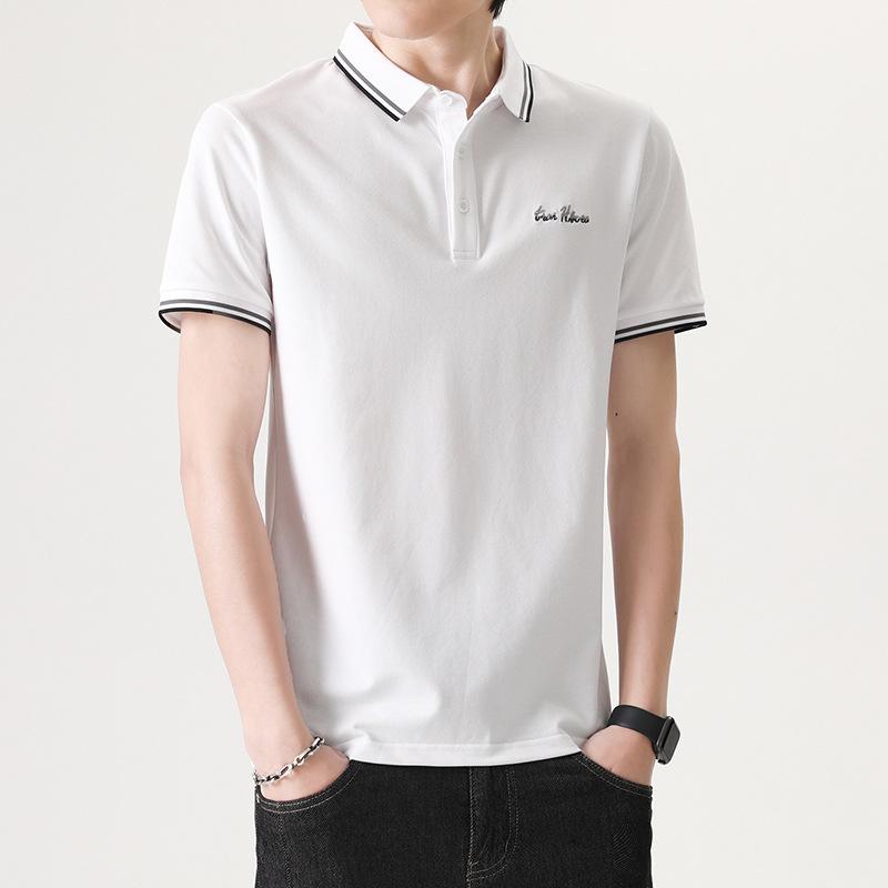 Shirts - メンズ POLOシャツ 短袖 薄手 接触冷感 速乾 翻領 軽量 ビジネス 休闲 トップス 透気 化繊混紡 ポリエステル 合体型 刺繍 夏 黒 白 カーキ ピンク グレー ネイビー ライトブルー 都市スタイル