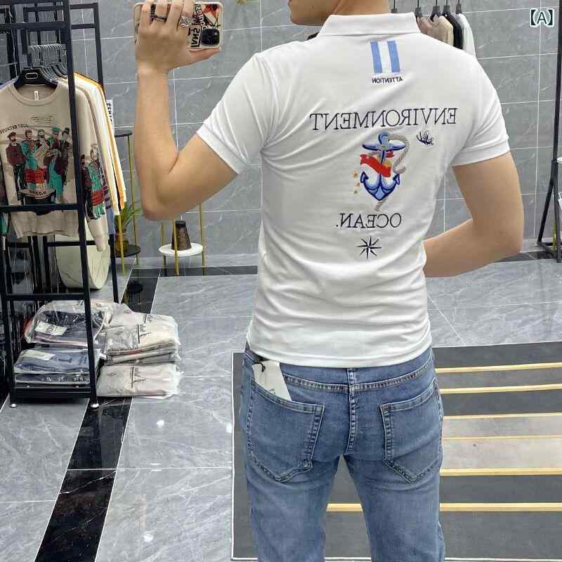 樂天商城 - ポロシャツ メンズ 短袖 翻領 Tシャツ シルク調 綿 半袖 上衣 基礎 合体型 純色 印花 普通厚 夏 透気 日常 カジュアル 白色 黒 船錨柄 竹葉柄 熊柄 刺繍 都市 24-35歳