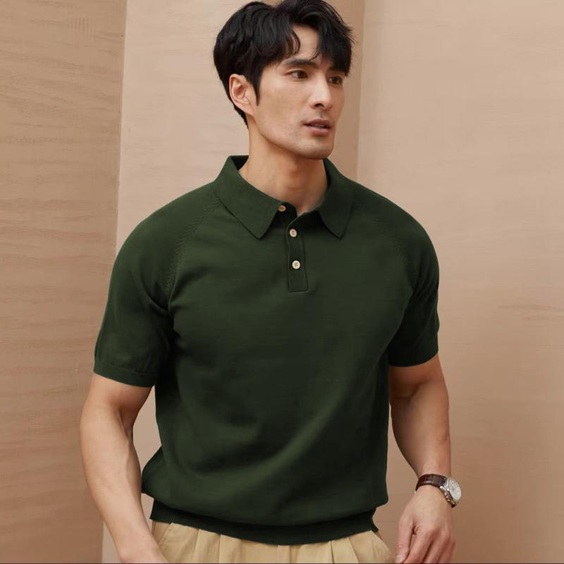 Shirts - メンズ POLOシャツ 短袖 針織 トップス 翻領 ビジネス Tシャツ 接触冷感 薄手 夏 軽熟 休闲 ワイド シルエット 無地 ボタン ポリエステル 混紡 日常 ブラック 墨黒 焦糖