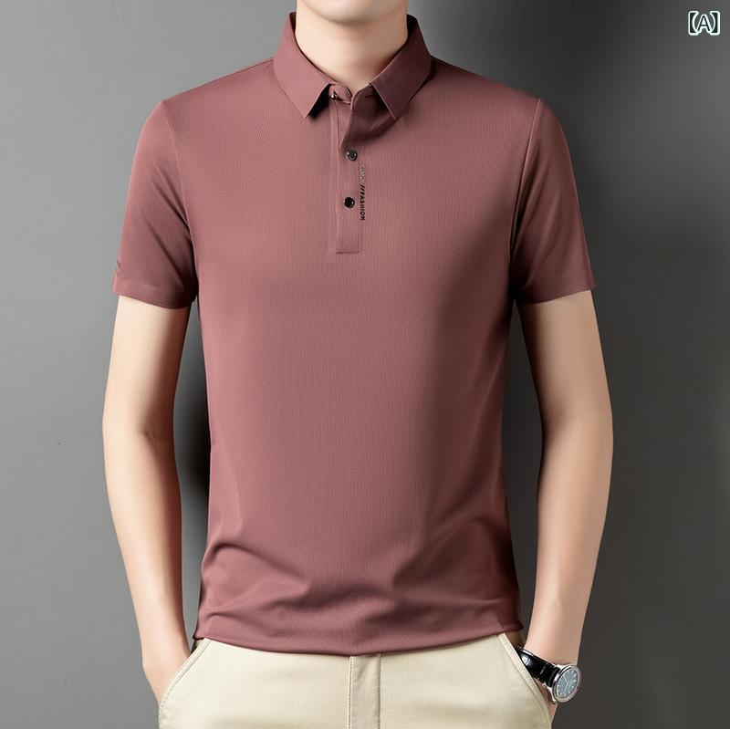 Polo Shirt - メンズ POLOシャツ 短袖 薄手 夏季 ビジネス 翻領 刺繍 合体型 軽熟 軽量 透気 吸湿速乾 耐久 赤 グレー 黒 紺 ニット トップス ポロカラー 無痕 アイスシルク ニロン 素材 男性用 40代 50代 ビジネスカジュアル 休日 リラックス 洗