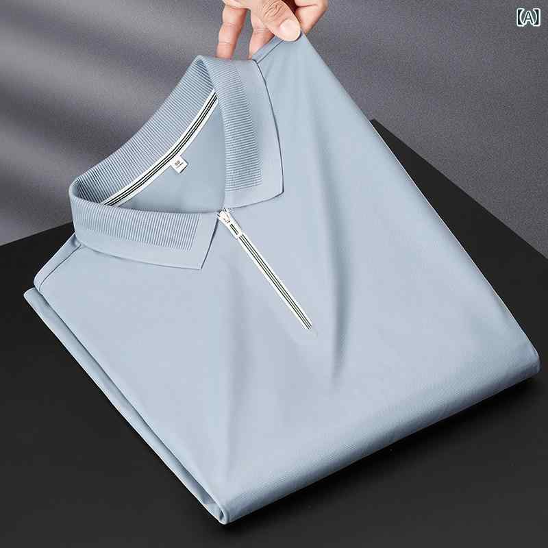 Shirts - メンズ ポロシャツ 短袖 夏 修身 トレンド 高級感 接触冷感 無痕 ジッパー スタンドカラー トップス 軽熟 休闲 合体 ソリッドカラー 水洗 普通厚 透気 機洗 免烫 ビジネス 紳士 35歳以上 ナイロン スパンデックス 霧霾藍 白 黒 軽量 伸縮性