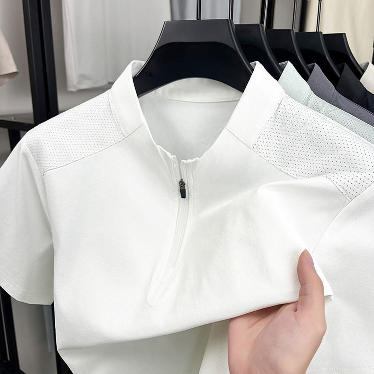 Shirts - メンズ Tシャツ 半拉链 短袖 ポロシャツ 接触冷感 速乾 吸汗 透気 薄手 夏 春夏 運動 日常 ゆったり ワッシング加工 嵌花 デザイン 白 黒 灰 緑