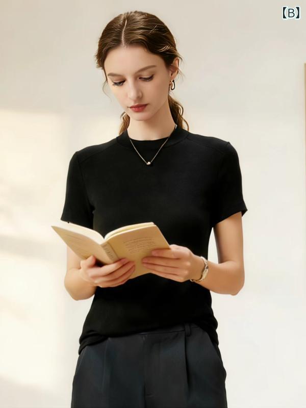 リメイクバディーのTシャツ レディース 半袖 クルーネック カットソー トップス 柔らかい 快適 再生繊維 アセテート ウール オールシーズン｜アングル3