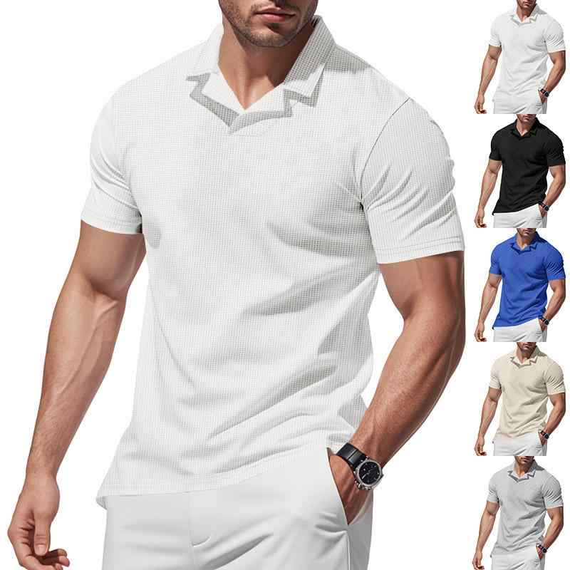 Polo衫 - メンズ Tシャツ ポロシャツ 短袖 ワッフル 編み 無地 ゆったり シルエット Vネック 薄手 ポリエステル 吸湿速乾 白色 黒 宝藍 カラーカジュアル 日常使い 夏季 軽熟スタイル 青年向け セットアップなし
