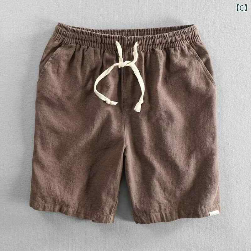 メンズ 麻 綿 ショートパンツ 夏用 軽量 透気性 直筒型 微弾力 黒 グレー ブラウン...