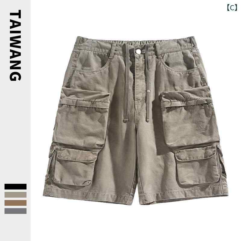 リメイクバディーのメンズ ショーツ 夏用 綿素材 ゆったり 膝上丈 街頭風 黒 グレー オリーブ 茶｜アングル3