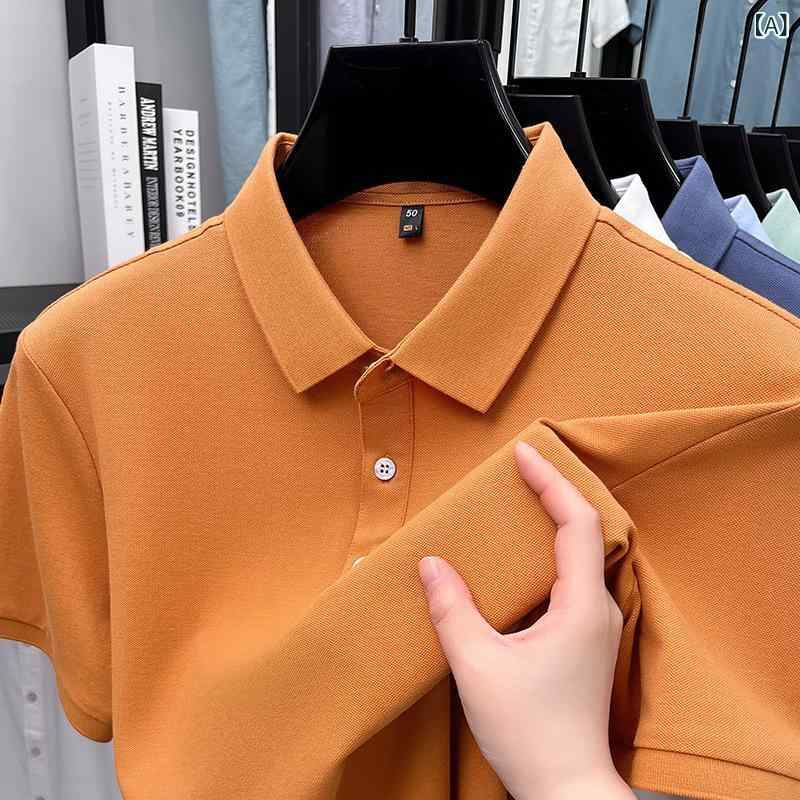 Shirts - メンズ ポロシャツ 短袖 翻領 夏季 ビジネス カジュアル 透気 接触冷感 化纤混紡 ポリエステル 再生繊維 アセテート 氨纶 桑蚕丝 合体型 セットアップ 無痕 免烫 吸湿排汗 ミドルエイド 35歳以上 成人 男性 簡約 純色 普通厚 桔 紅 黒 白