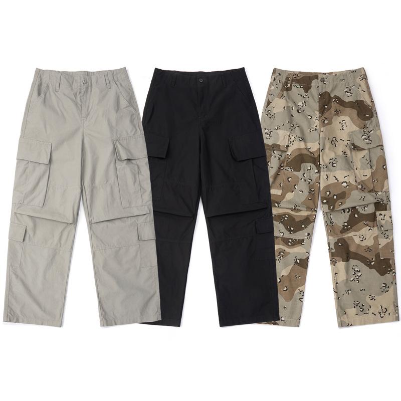 Pants - 工装パンツ メンズ レディース 復古 ミリタリー風 多ポケット ゆったり ストレート ロングパンツ カジュアル 綿100% 直筒 ミッドライズ ジップフライ 普通厚 秋 耐摩耗 米灰 黒 迷彩