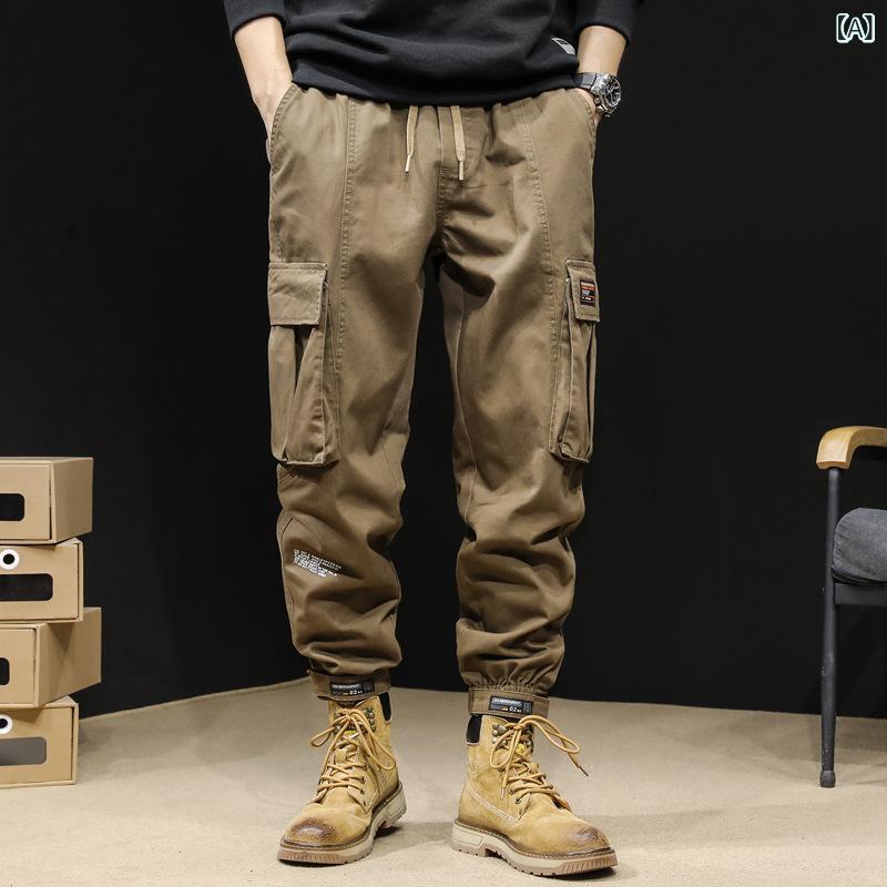 メンズ 工装パンツ 男性用 ズボン ゆったり ロング丈 ミッドライズ 紐締め 薄手 綿混紡 コットン 100% カーキ 軍緑 黒 ロゴ柄 水洗い ステッチ 春 春夏 春秋 春季 春季新作 2025 2026 潮 ストリート ファッション 都市 青年 24