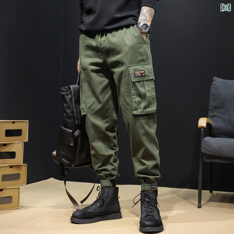 メンズ 工装パンツ 男性用 ズボン ゆったり ロング丈 ミッドライズ 紐締め 薄手 綿混紡 コットン 100% カーキ 軍緑 黒 ロゴ柄 水洗い ステッチ 春 春夏 春秋 春季 春季新作 2025 2026 潮 ストリート ファッション 都市 青年 24
