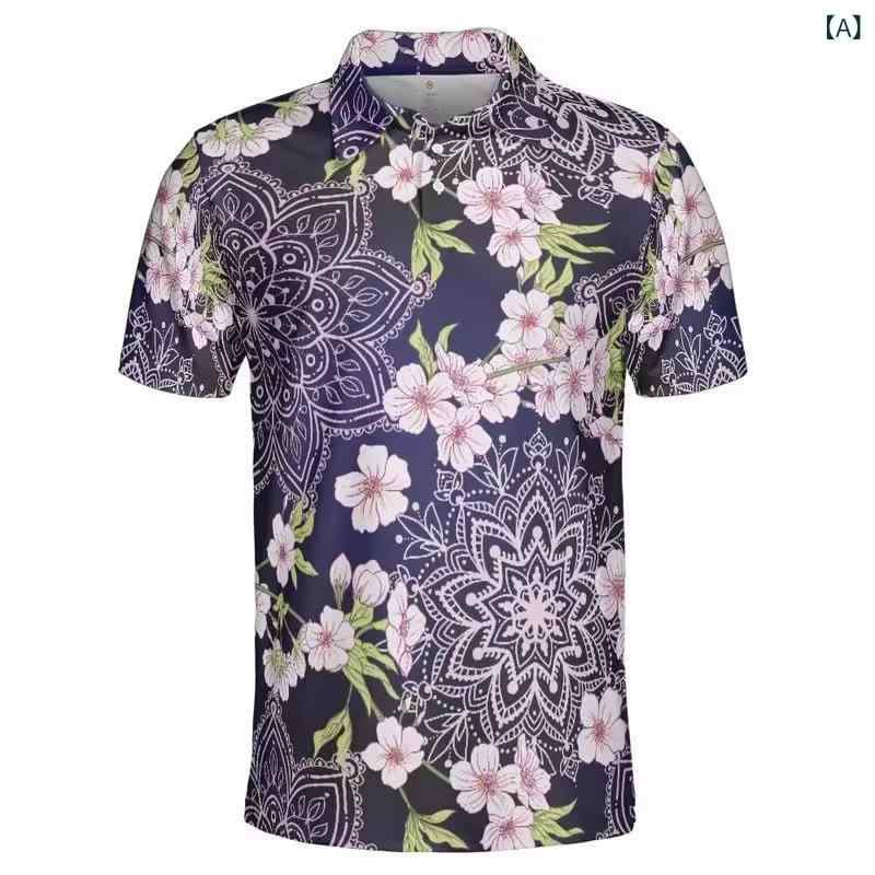 Shirts - ポロシャツ メンズ 桜柄 ピンク 桜花 花卉 植物 印花 透気性 短袖 薄手 直筒 シルエット メッシュ 素材 ポリエステル 90% 数字印花 加工 夏季 ゴルフ ウェア 屋外 活動 休闲 スタイル 原宿 ファッション 青年 向け セットアップ なし 単
