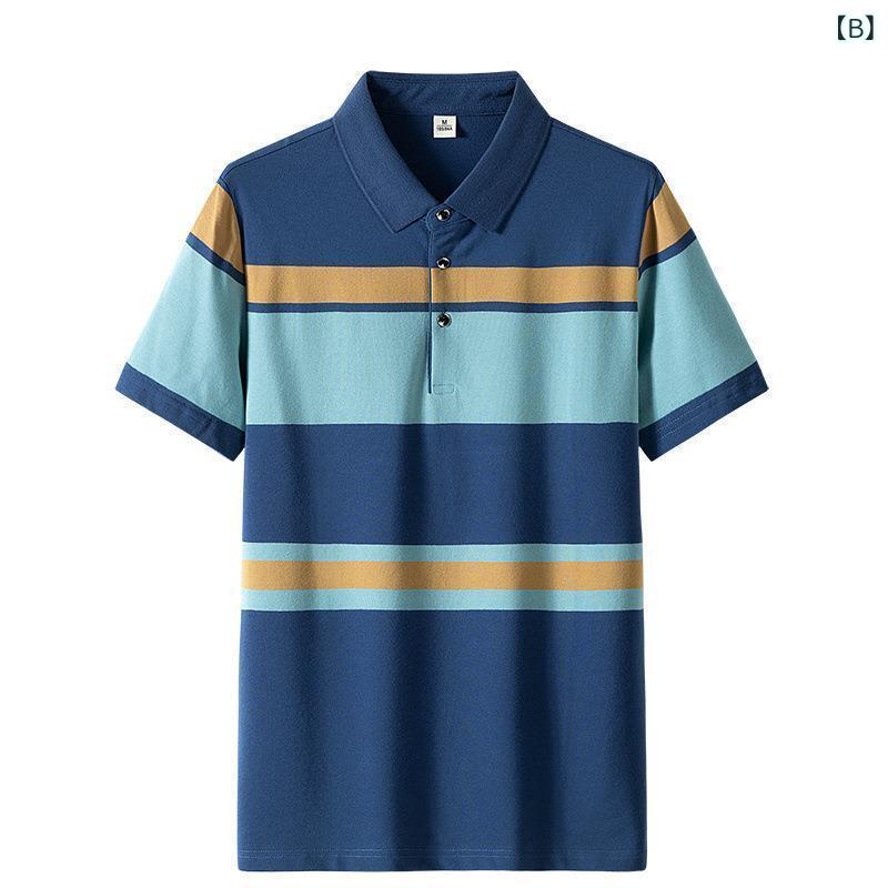 メンズ POLOシャツ 軽ビジネス 条紋 トップス 夏季 短袖 高爾夫 弾力 翻領 Tシャツ...