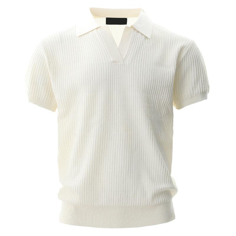 Shirts - メンズ ポロシャツ 短袖 夏季 ニット トップス 純色 翻領 ゆったり シルエット 涼しい ポリエステル 素材 落肩袖 セットインスリーブ 街着 ティーンエイジャー 黒 グレー 杏 色 カジュアル スタイル 免烫 加工 色牢度 高 180g-250g 重