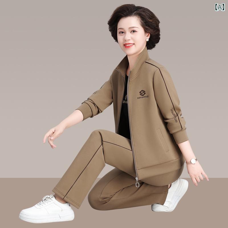 Other - 中年女性 運動服 セットアップ トップス 長袖 POLO領 コットン 綿素材 春季 秋季 適中厚 休闲スタイル 欧米風 運動 走る フィットネス ダンス 卡其 枣紅 宝藍 40代 50代