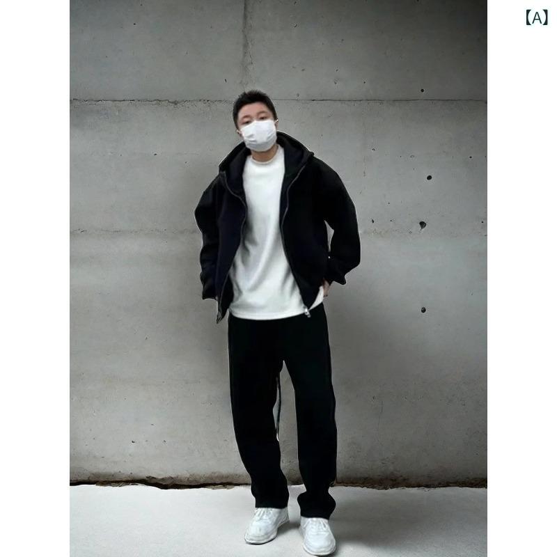 メンズ スウェットセット 上下 連帽 ジャケット パンツ 長袖 長ズボン 加厚 コットン混紡 ポリエステル コットン スパンデックス ストレッチ ゆったり スポーツ カジュアル 日常使い 黒 グレー 春秋 立襟 ラベル付き ファクトリー生産 オリジナルデ