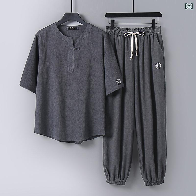 运动外衣 - メンズ トップス セット 麻 綿 混合 薄手 Vネック 短袖 七分袖 刺繍 ボタン 長ズボン 刺繍 ワイド ゆったり シルエット 日常 着用 グレー グリーン グレー ブラック ブルー ブラウン ベース 素材 軽量 快適 フィット オールシーズン 対応