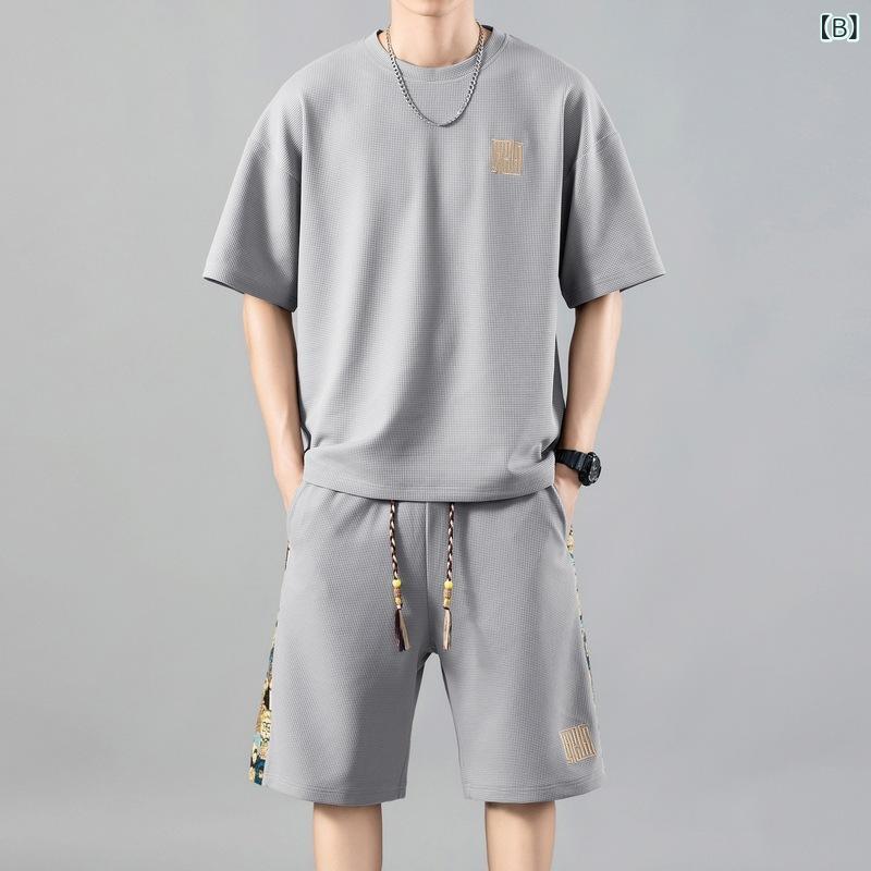 メンズ Tシャツ 短袖 セットアップ 短パン 黒 グレー ベージュ 涼しい 接触冷感 ポリエステル 100% ゆったり 大きいサイズ 夏季 スポーツ 休闲 日常使い 通勤 軽量 吸汗速乾 ストレッチ ビッグシルエット リラックスフィット 涼感素材 メッシ