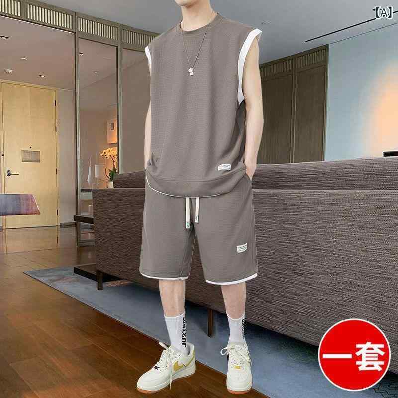 ・スタイル: 通勤・厚み: 薄手・パンツ丈: 5分丈・トップスタイル: 背心・袖丈: 無袖・フード: なし・素材名: 化繊混紡・主素材: ポリエステル95%・シーン: 休闲・カラー展開: 白色、黒色、杏色、咖啡、深灰、藏青、卡其、白色、黒・サイズ展開: M、L、XL、XXL、3XL、4XL、5XL
