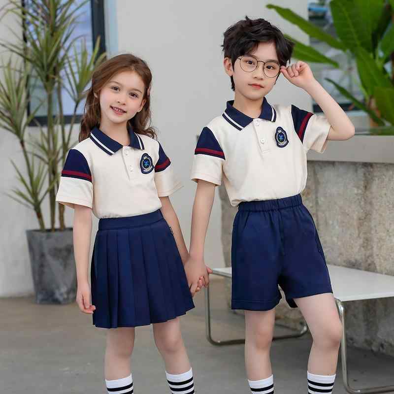 キッズ 園服 夏服 英倫風 クラス服 セット 小学生 校服 翻領 ゴルフ服 夏季 運動服 綿素材 中性 男の子 女の子 通気性 軽量 ポロシャツ ショーツ 組み合わせ 学校用 日常着 8歳以上 140cm以上 男女兼用 夏用 コットン95% 安全B級 1