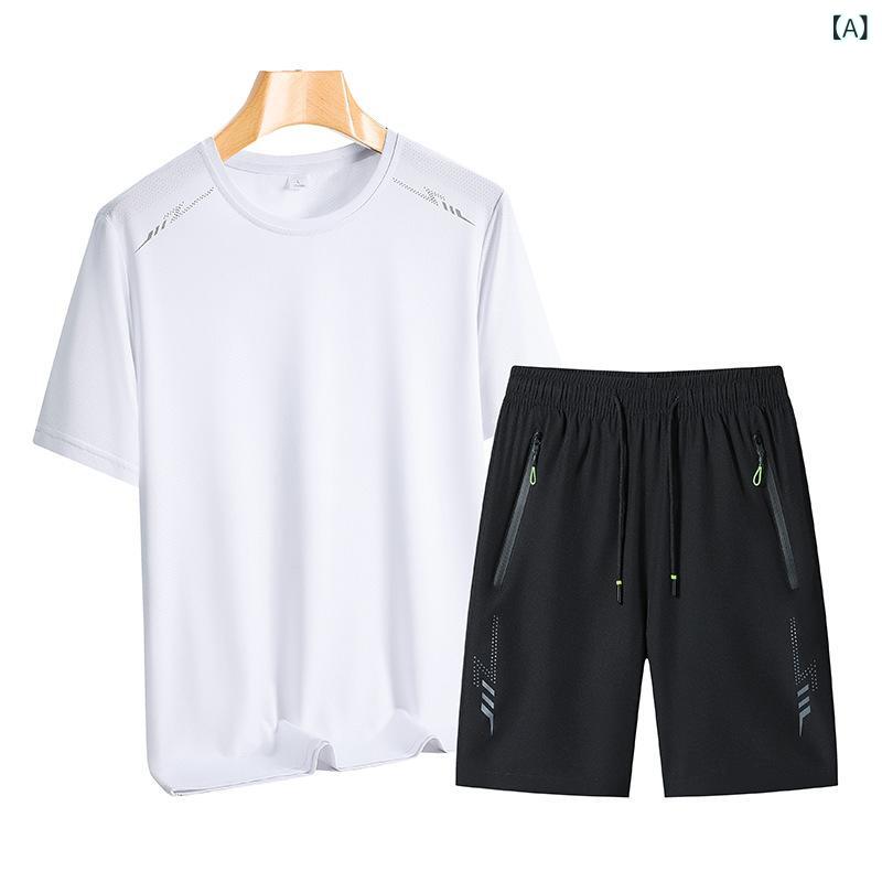 Men'S Wear - メンズ スポーツウェア セット 夏 速乾 接触冷感 トップス ショーツ 透気 伸縮 フィットネス ランニング 白色 ピンク グレー 黒 ポリエステル 混紡 ゆったり シルエット 短袖 短パン カジュアル 都市スタイル 24-35歳 向け