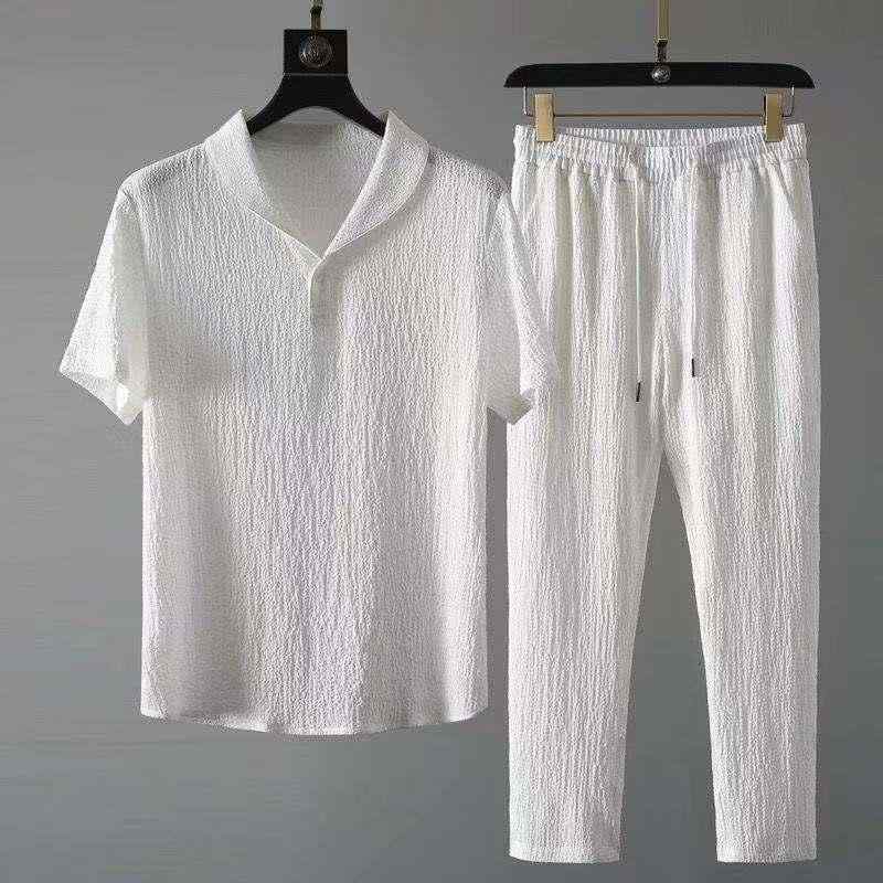 Other - メンズ セットアップ 短袖 Tシャツ 長ズボン 薄手 コットン リネン 混紡 涤纶 ポリエステル 繊維 95% 白色 黒 軽熟 軽やか スタイル 休闲 夏 ファッション トレンド プリーツ 加工 クルーネック トップス ボトムス 組み合わせ 日常 運動