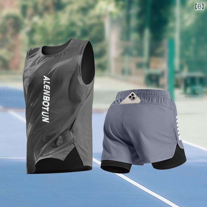 リメイクバディーのメンズ スポーツウェア セット ランニング トレーニング フィットネス 速乾 タンクトップ ショーツ 夏用 ポリエステル メッシュ 吸汗 速乾 軽量 通気性 ブルー グレー ホワイト ブラック ランニング ジョギング ジム 屋外 アクティブ スタイル｜アングル2