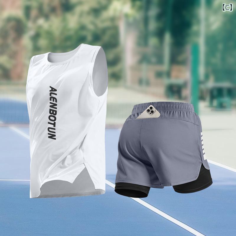 リメイクバディーのメンズ スポーツウェア セット ランニング トレーニング フィットネス 速乾 タンクトップ ショーツ 夏用 ポリエステル メッシュ 吸汗 速乾 軽量 通気性 ブルー グレー ホワイト ブラック ランニング ジョギング ジム 屋外 アクティブ スタイル｜アングル3