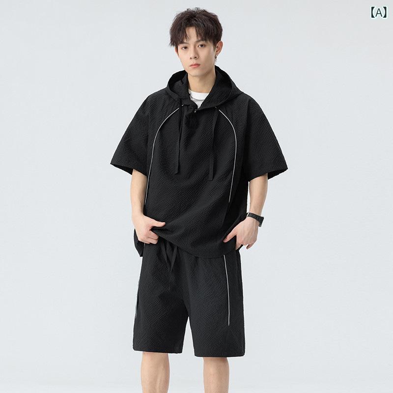 ・カテゴリ: 男式休闲套装・スタイル: 基礎・厚さ: 薄手・パンツ丈: 五分丈・上衣スタイル: Tシャツ・袖丈: 五分袖・フード: なし・主な素材: 化纤類混紡・主素材成分: ポリエステル100%・適用シーン: 休闲