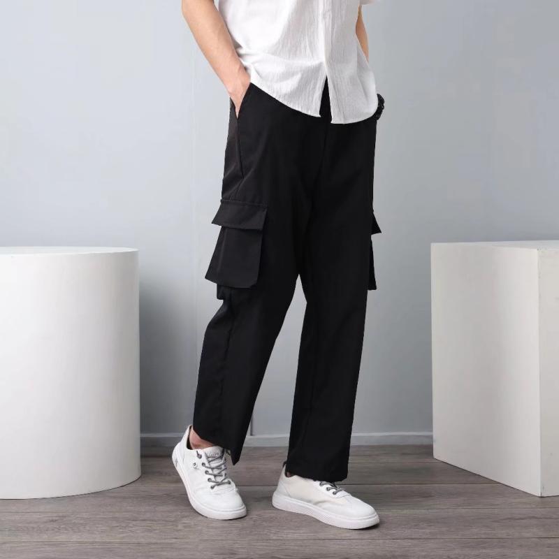 Pants - メンズ 工装パンツ 直筒 ワイドレッグ ゆったり 秋冬 オールシーズン 9分丈 ミドルウエスト ドローストリング ストレートレッグ コットン ストレッチ ユニセックス かき 緑 黒 グレー 青春 スポーツ ティーン 日常使い 軽量 微弾力 切り替え 免ア