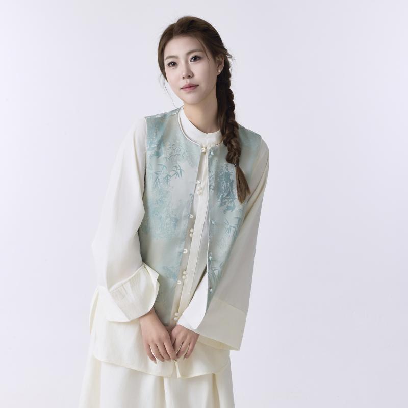 乐天商城 - レディース 無袖 開衫 馬甲 春秋 外穿 中華風 刺繍 盤ボタン 復古 丸首 高級感 短袖 人絹 花柄 植物柄 花卉柄 珠ボタン 爽やか 甘め スタイル 単排 ボタン クリーン 風 女性用 成人用 普通丈 50cm-65cm 煙波竹 襟 色 紺系 ピンク