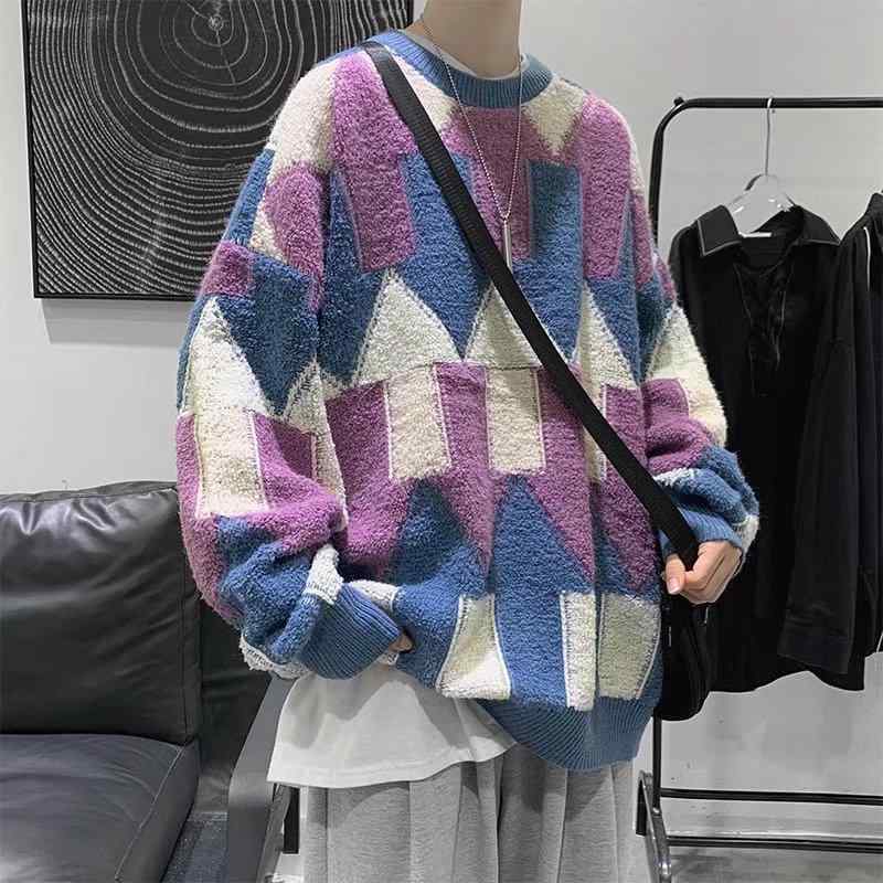 メンズ セーター 菱形格子柄 ラウンドネック 秋冬 韓国風 ゆったり風 レトロ ストリートファッション カジュアル ルーズフィット 紫 緑 羊毛 混紡 ポリエステル 免燙 加厚 切り替え 青少年向け トップス