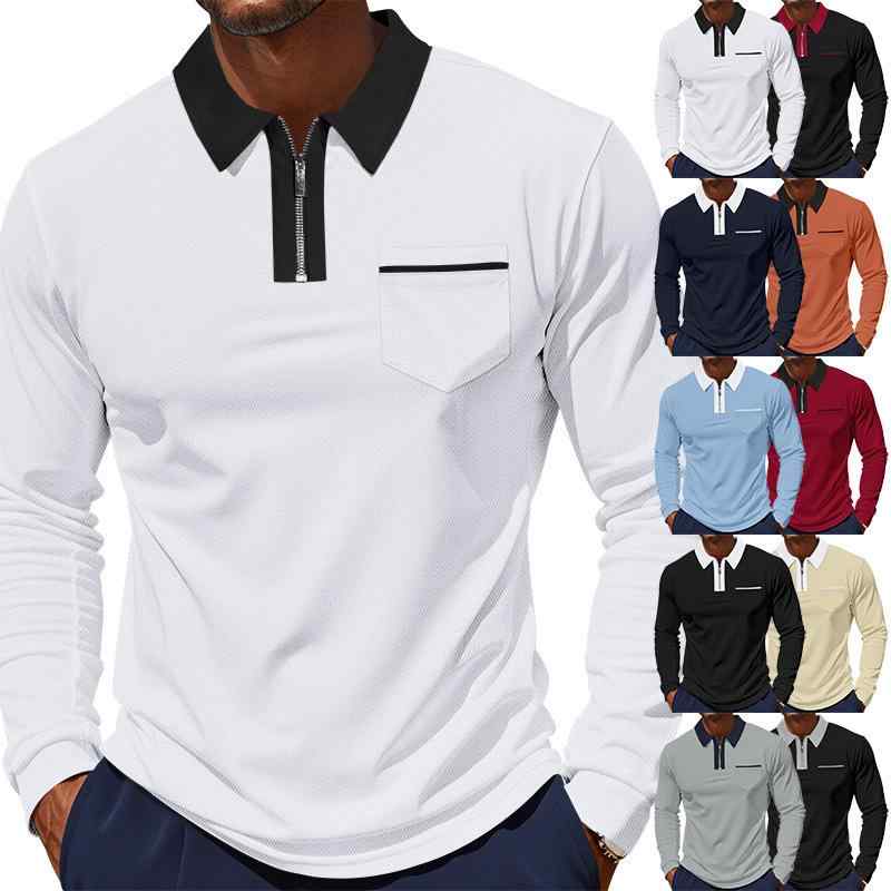 Other - メンズ POLOシャツ 長袖 英倫スタイル ゴルフ Tシャツ 速乾 透気 切り替え柄 ポリエステル混紡 機洗い可 高弾性 免アイロン 秋シーズン 秋冬 白色 黒 橙色 赤 グレー 紺 ライトブルー カーキ ラグビー トップス ユニセックス ラグジュアリー