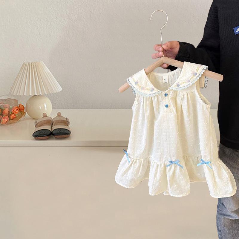 Rakuten - 女の子 ワンピース 夏 連衣裙 子供 プリンセス ドレス ベビー 1歳 誕生日 礼服 ネイビー セーラー 襟 背心 スカート 無袖 A字 スカート コットン 混紡 柔らか 素材 純色 蝶結び アクセント 3-8歳 90-140cm 対応 かわいい デザイ