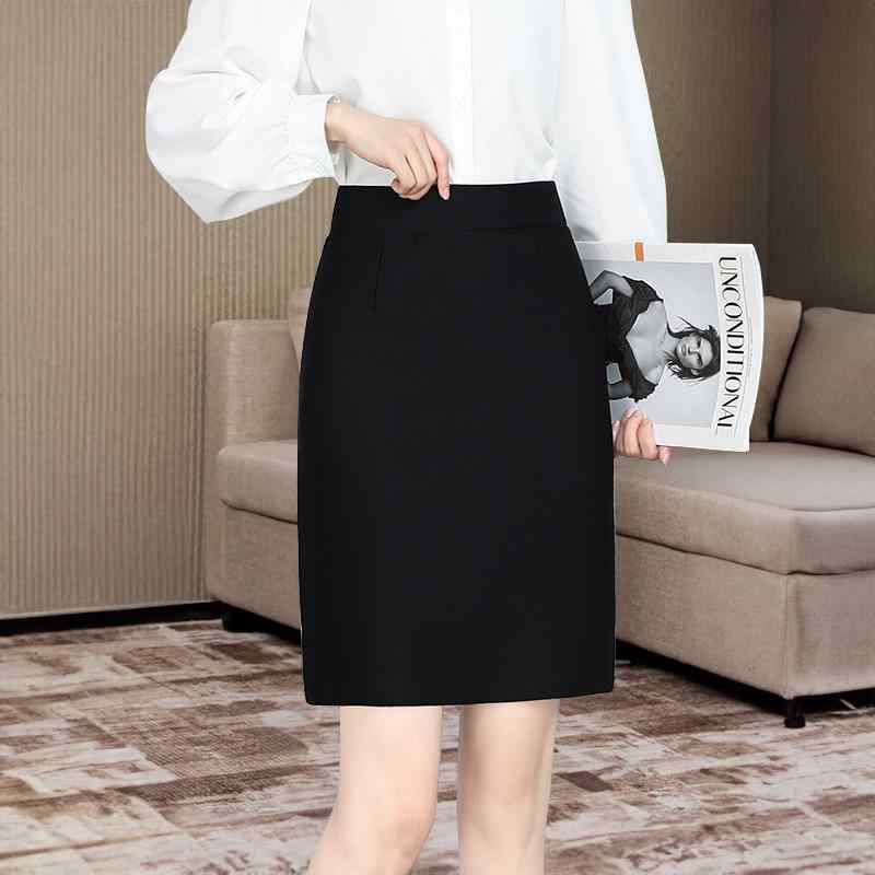 Rakuten - レディース 半身スカート 黒 秋冬 ステップスカート ハイウエスト 後ろスリット 仕事服 職業服 通勤スカート 西装スカート ミドル丈 純色 ポリエステル ポリエステル繊維 スパンデックス 無弾性 イージーケア ジッパー 気質 通勤スタイル