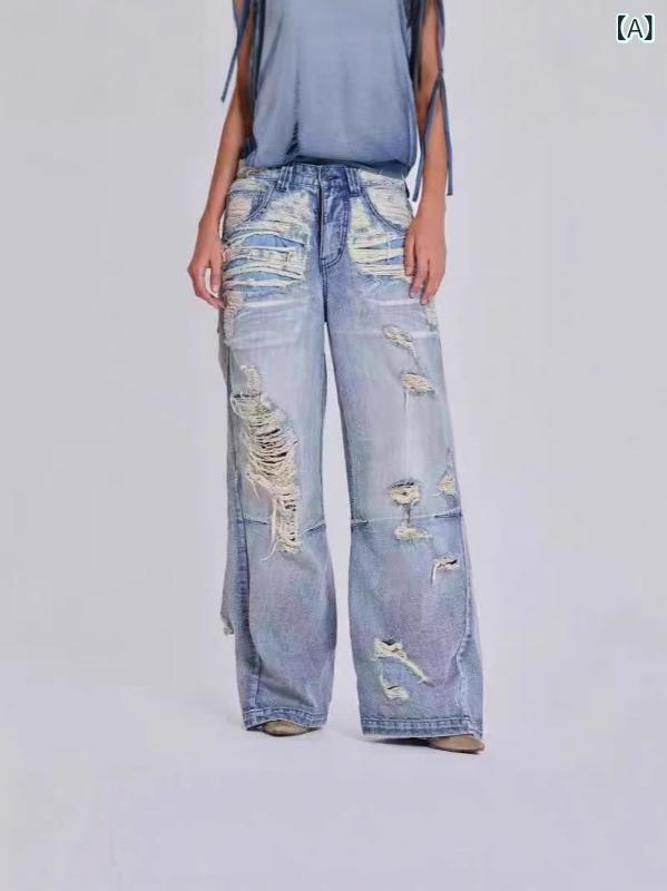 Capri Pants - レディース 牛仔パンツ ワイドストレート 破れ加工 ヴィンテージ風 軽量 ストリート デニム 綿素材 中腰 ロング丈 浅青 夏 春夏 潮人スタイル ボタン 無弾性 ルーズフィット