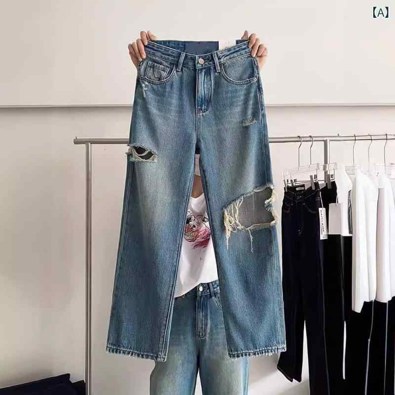 Other - レディース デニムパンツ 高腰 直筒 九分丈 破れ加工 春夏 ブルー ポリエステル 微弾性 韓国風 日常使い 軽量 ヴィンテージ風 洗練シルエット