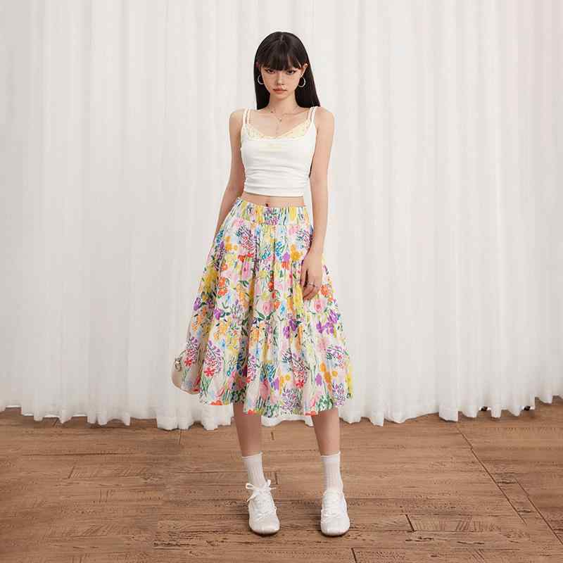 樂天商城 - レディース 半身スカート フラワー柄 コットン 2025夏 新作 高腰 ゆったり 復古 コーディネート自在 Aライン 中長丈 短スカート フレアスカート プリント 無弾力 甘め フレッシュ かわいい スタイル ライトウェイト コットン100% フレッシュ