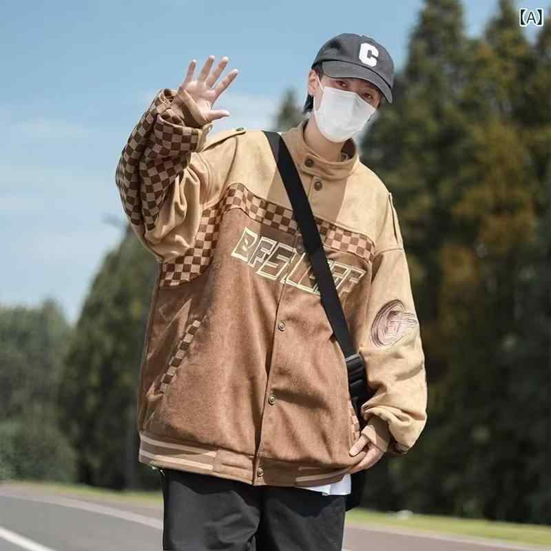 乐天商城 - メンズ ジャケット 秋冬 立領 長袖 ワイドシルエット シングルブレスト ノーカラー ノーハット ミドルウェイト 格子 ピンストライプ 切り替え コットン ポリエステル ブラウン 日常使い カジュアル ストリート ファッション ワークウェア スタイル 軽