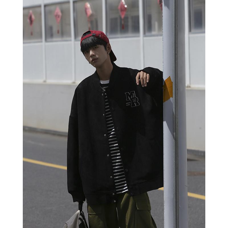 メンズ ジャケット 復古 秋冬 コート トップス ヒップホップ スタイル ルーズ フィット 野球 服 麂皮 ポリエステル 繊維 長袖 普通 丈 プリント デザイン ブラウン 米色 黒 秋 シーズン 青少年 向け カジュアル シーン ゆったり シルエット