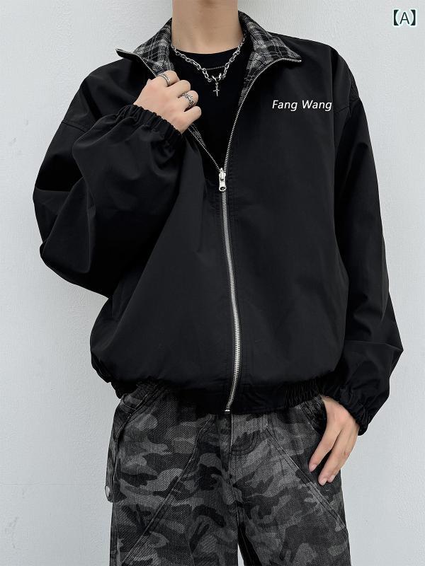 ・カテゴリ: ジャケット・スタイル: 港風・対象年齢: 18-24歳・ネックライン: スタンドカラー・フィット感: ルーズフィット・柄: チェック・厚み: 普通・主な素材: ポリエステル90%・裏地素材: アセテート80%・シーン: カジュアル・ディテール: コントラストカラー・裾デザイン: 斜め裾・パターン: ステッチ・衣丈: 短め(40cm＜衣長≤50cm)・ポケット: 立体ポケット・着用方法: アウター・袖丈: 長袖・カラー展開: ブラック・サイズ展開: M,L,XL,XXL・袖型: ストレートスリーブ