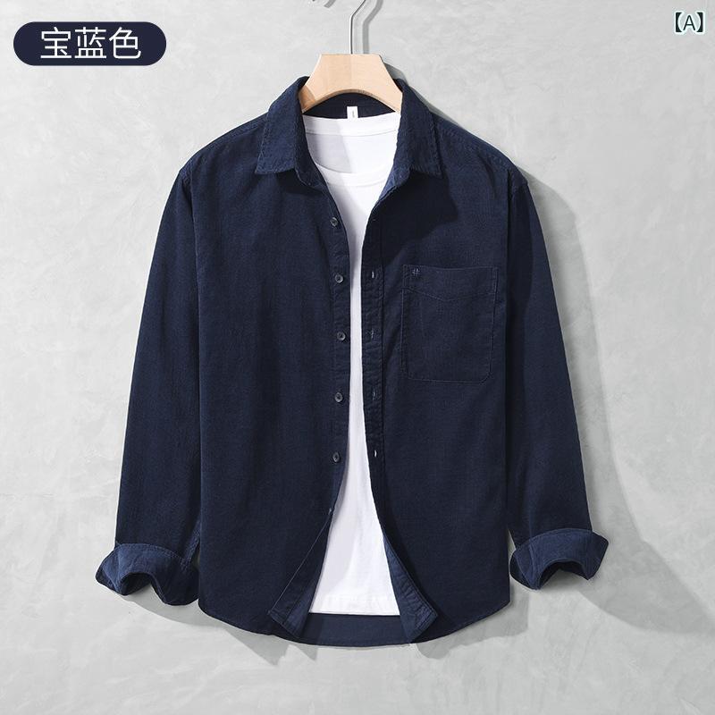 Long-Sleeve （Shape Holding） - メンズ シャツ トップス 綿 純棉 透気 長袖 開衫 翻領 寛鬆 百搭 春秋 春季 トレンド 休闲 帅气 日常 青年 宝藍 黄色 白色 緑 黒 普通厚 口袋 免燙 処理 100% 棉 素材 40支 細紡 ファブリック 長袖 カーディガン スタイル コット