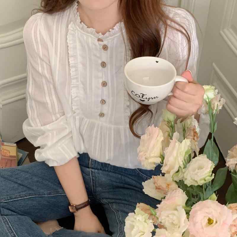 Rakuten - レディース シャツ トップス 春季 春 韓系 甘め かわいい プリーツ 花柄 レース ボタン 純欲 丸首 長袖 泡泡袖 木耳辺 免烫 綿混紡 ポリエステル 無地 ミックス 微弾 私服 名媛 御姐 甘美 清新 白色 杏色 普通丈 50cm 65cm 通用体
