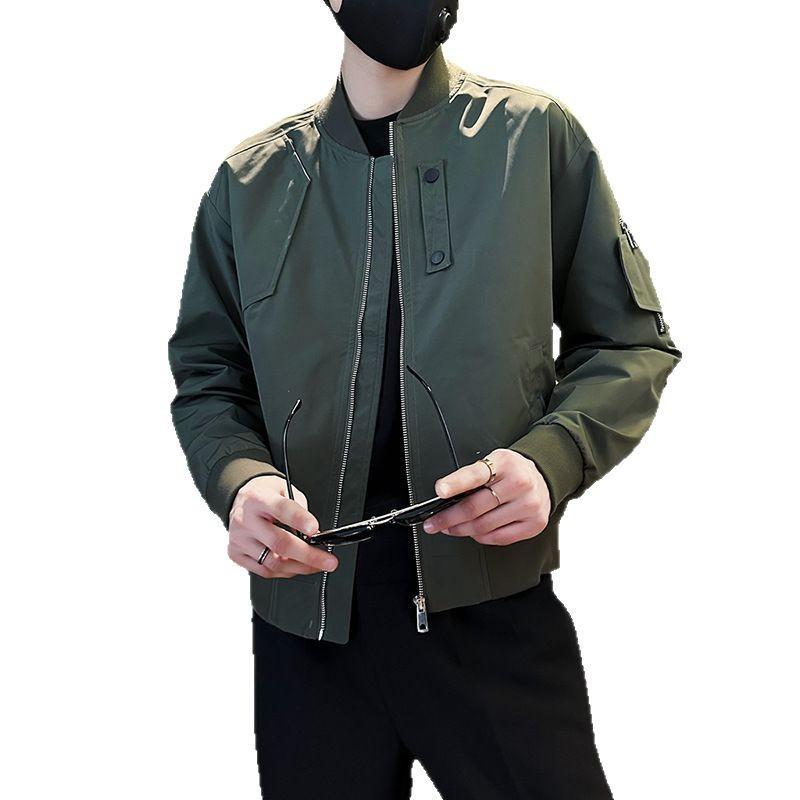 メンズ ジャケット 工装風 アメリカンスタイル 棒球服 外套 耐摩耗 港風 無領 ラグランスリーブ ルーズフィット ジップアップ 長袖 純色 化繊混紡 ポリエステル100% サイドポケット 丸底 免烫加工 春秋 黒 ベージュ 緑 日常着 青少年向け ミシ