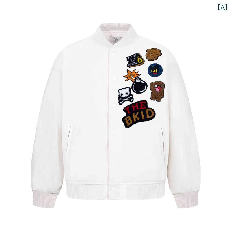 ジャケット メンズ レディース 棒球服 外套 街頭スタイル 刺繍 徽章 字母 デザイン ユニセックス ゆったり 厚手 厚み 毛呢 ポリエステル 繊維 長袖 ジップアップ 翻領 ストレート ヘム サイドポケット 丸柄 パターン 春秋 春季 白色 黒 休闲