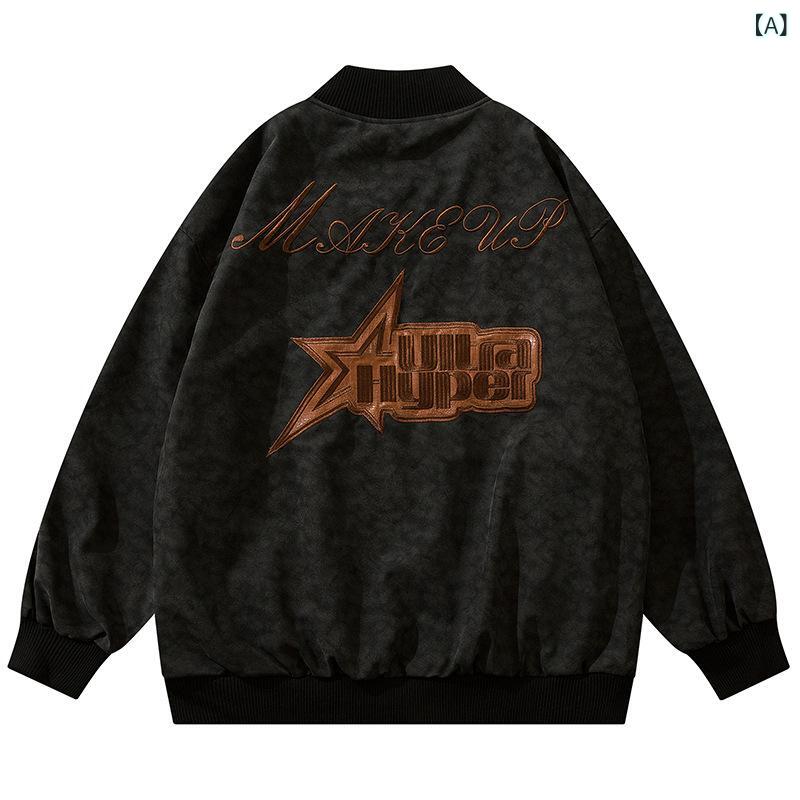 ジャケット メンズ レディース ストリート スタイル 復古 アメリカン 刺繍 ロゴ オーバーサイズ ゆったり 長袖 翻領 シングルブレスト ポケット 付き 直線 裾 ポリエステル 100% 黒 ブラウン 秋 秋冬 青少年 向け 休闲 外 秋冬 ジャケット